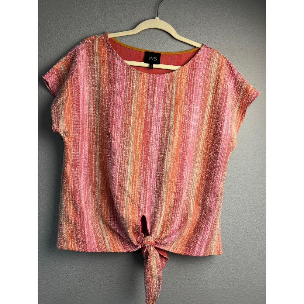 W5 Short Sleeve Tie Front Top Pink Orange Striped Textured Cropped Short Retro